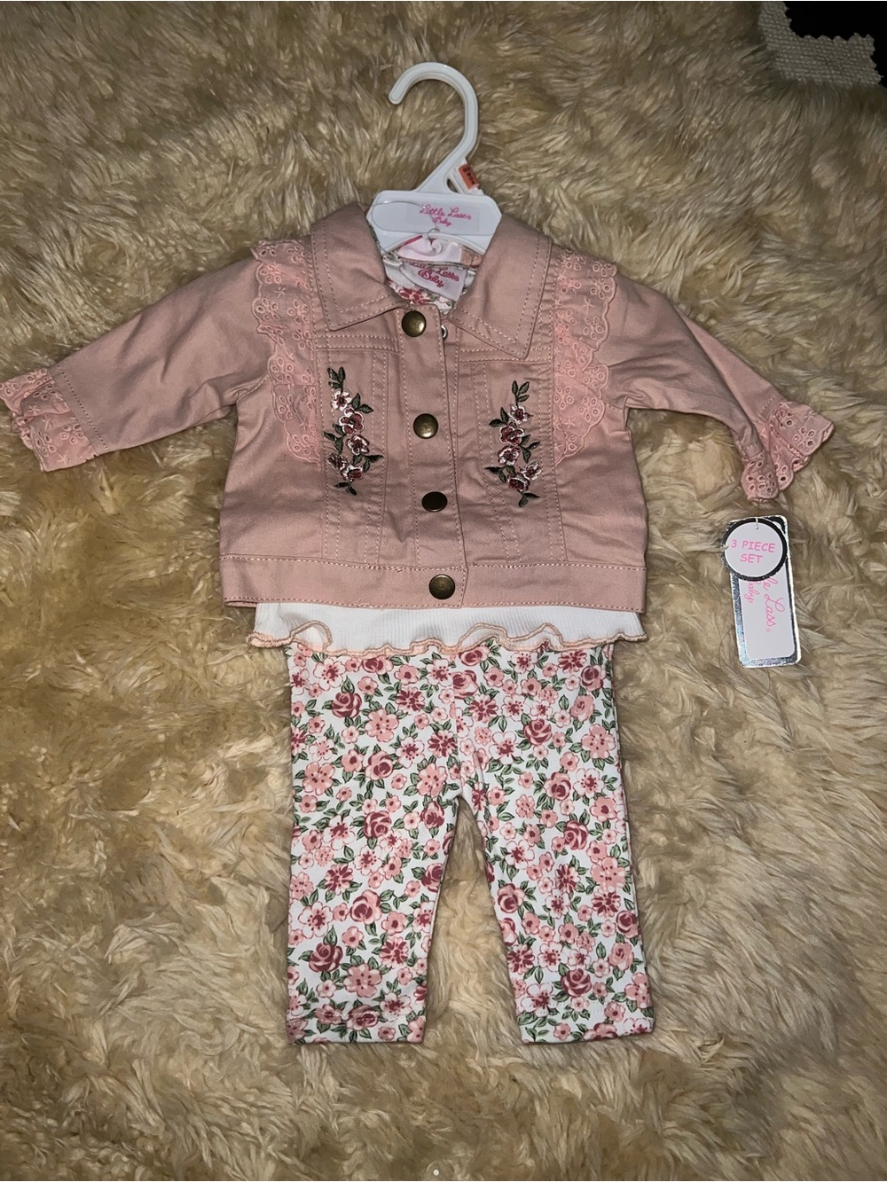 Little Lass Pink Embroidered Jacket 3-Piece Set